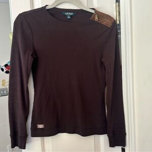 Lauren‎ Ralph Lauren Rich Brown Long Sleeve Top with Cognac Elbow Patches